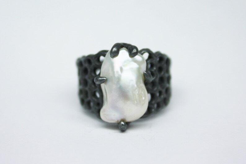 Sterling Silver Ring WHITE PEARL ENGAGEMENT Ring White Pearl Ring Organic Textured Ring One Of A Kind.Birthstone june