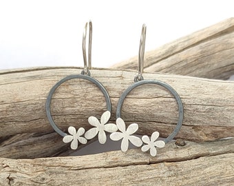 Oxidized Sterling Silver Flower Hoop Earrings: Handmade Dangle Jewelry