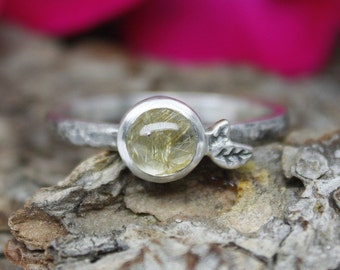 Leaf Ring. Golden Rutile Quartz Stackable Ring. Gold Rutile Quartz Silver Ring, Sterling Silver Golden Rutile Ring, Nature Inspired.