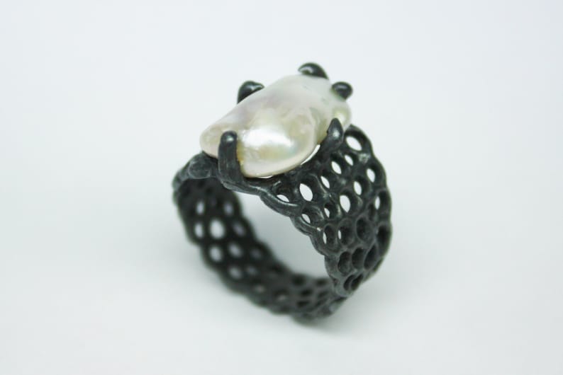 Sterling Silver Ring WHITE PEARL ENGAGEMENT Ring White Pearl Ring Organic Textured Ring One Of A Kind.Birthstone june
