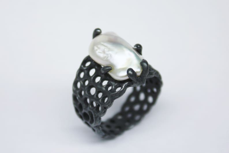 Sterling Silver Ring WHITE PEARL ENGAGEMENT Ring White Pearl Ring Organic Textured Ring One Of A Kind.Birthstone june