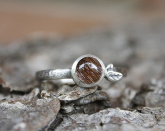 Cooper Rutile Quartz Stackable Ring, Rutile Quartz Silver Ring, Red Rutile Leaf Ring, Sterling Silver Cooper Rutile Ring. Nature Inspired.