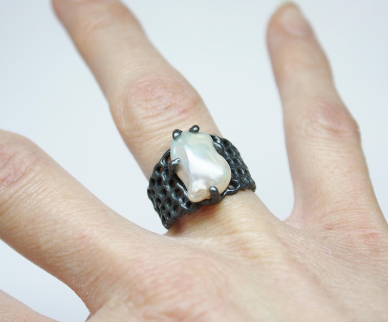 Sterling Silver Ring WHITE PEARL ENGAGEMENT Ring White Pearl Ring Organic Textured Ring One Of A Kind.Birthstone june