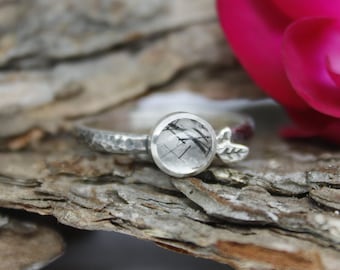Black Rutile Quartz Sterling Silver Ring: Nature Inspired Leaf Design
