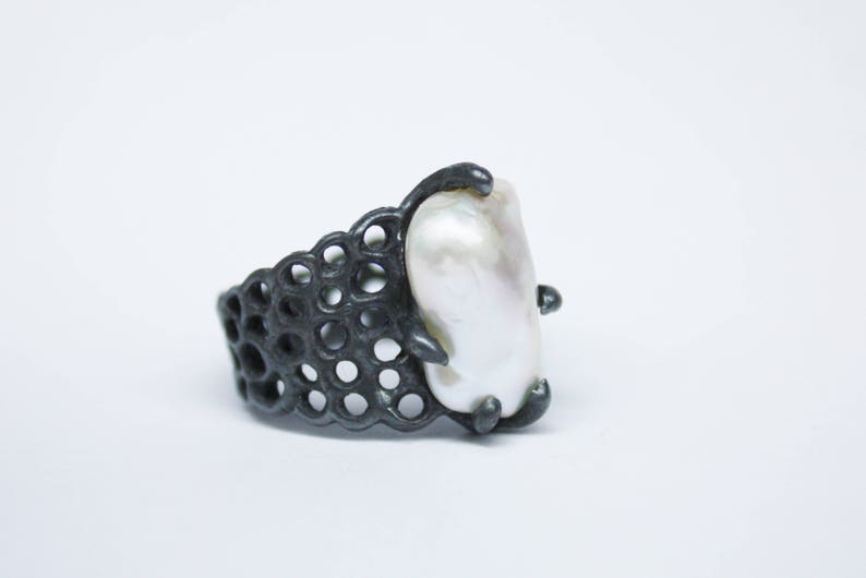 Sterling Silver Ring WHITE PEARL ENGAGEMENT Ring White Pearl Ring Organic Textured Ring One Of A Kind.Birthstone june