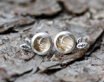 Golden Rutile Quartz Sterling Silver Leaf Stud Earrings