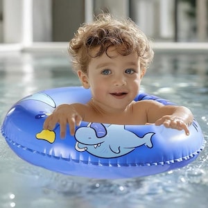 Puede incluir: Un anillo de natación inflable azul con un gráfico de tiburón de dibujos animados y el texto BabysCompanion. El flotador circular para piscina está diseñado para la flotabilidad en el agua, con una superficie lisa y brillante de color azul.