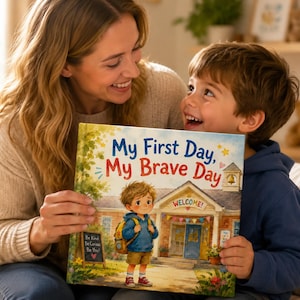 Op de afbeelding: Een kinderboek met harde kaft getiteld My First Day, My Brave Day met een illustratie van een jong kind met een rugzak voor een schoolgebouw met een welkomstbord, kleurrijke vlaggetjes en een klein krijtbord.