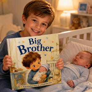 Könnte beinhalten: Ein gebundenes Kinderbuch mit dem Titel Big Brother, das eine Illustration eines jungen Kindes zeigt, das ein Neugeborenes hält, umgeben von einem Teddybären und einem Stoffhasen, mit Sternen und Herzen auf cremefarbenem Grund.
