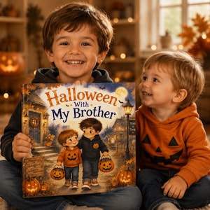 Peut inclure: Un livre pour enfants à couverture rigide intitulé Halloween With My Brother, illustré de deux enfants en pulls à motifs de citrouille tenant des seaux citrouilles, avec le texte Memories, Laughter, Candy, Brotherly Love.