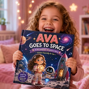 Peut inclure: Un livre relié intitulé Ava Goes to Space, A Personalized Adventure Story. La couverture montre une astronaute dessinée et un petit robot sur la lune avec une fusée, des planètes et des étoiles. Le texte inclut Dream Big. Be Brave. Explore the Universe!