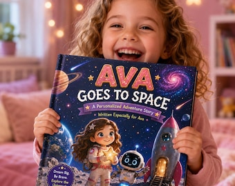 Könnte beinhalten: Ein gebundenes Buch mit dem Titel Ava Goes to Space, A Personalized Adventure Story. Das Cover zeigt eine gezeichnete Astronautin und einen kleinen Roboter auf dem Mond mit Rakete, Planeten und Sternen. Text: Dream Big. Be Brave. Explore the Universe!