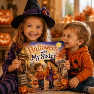 May include: A square children's picture book titled Halloween With My Sister, featuring an illustration of two children in costumes holding pumpkin buckets. The cover shows a house, a ghost, and text reading Memories, Laughter, Candy, Sister Love.
