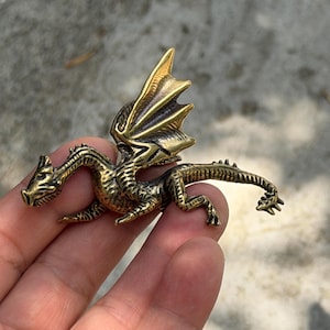 Brass Dragon Statue, Detailed Medieval Winged Dragon Sculpture, Aged Brass Finish, Dark Academia Decor, Bookshelf Terrarium Accent