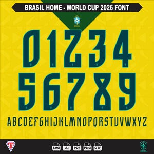Puede incluir: Un fondo amarillo con un patrón y el texto "BRASIL HOME - WORLD CUP 2026 FONT". La imagen muestra los números 0-9 y el alfabeto en una fuente verde azulado. También está presente la palabra "BRASIL".