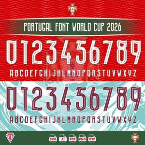 以下が含まれることがあります： PORTUGAL FONT WORLD CUP 2026と題されたデジタルフォントセット。アルファベットと0から9までの数字が2種類の配色で表示されています。上段は赤背景に赤枠の白文字、下段は水色背景に濃い赤色の文字で構成されています。