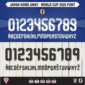 May include: A digital font set titled JAPAN HOME AWAY - WORLD CUP 2026 FONT, featuring two distinct styles of numbers and letters. The top set is white with a blue gradient, and the bottom set is black with a white outline, including file icons.