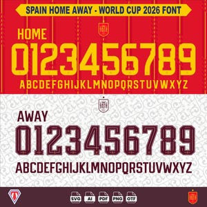 以下が含まれることがあります： スペインのホーム＆アウェイワールドカップ2026フォントを示すグラフィック。ホームフォントは赤色の背景に黄色で、数字0～9とアルファベットが表示されています。アウェイフォントは白色の背景にマルーン色で、同じ数字とアルファベットが表示されています。