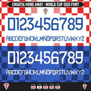 May include: A digital font set titled CROATIA HOME AWAY - WORLD CUP 2026 FONT, featuring blue and white alphanumeric characters. The display includes numbers 0-9 and the alphabet with diacritics, set against red, white, and blue checkered backgrounds.