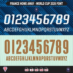 以下が含まれることがあります： FRANCE HOME AWAY - WORLD CUP 2026 FONTというタイトルのデジタルフォントセット。上段は青い斜めストライプの背景に白い英数字が表示され、下段は明るいミントグリーンの背景に茶色の英数字が表示されています。