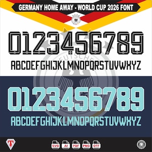 Könnte beinhalten: Ein digitales Design mit dem Text "GERMANY HOME AWAY - WORLD CUP 2026 FONT". Das Design umfasst schwarze und hellblaue Zahlen und Buchstaben, mit den Farben der deutschen Flagge oben. Das Design enthält auch das Logo der deutschen Fußballmannschaft.