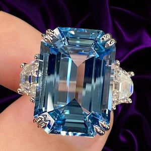 5 karaat Santa Maria aquamarijnring | 14 kt witgouden art-decococktailstatementring, driestenen jubileumring cadeau, ring voor verloofde