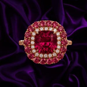 May include: A ring featuring a large, cushion-cut deep red gemstone at the center, surrounded by a double halo. The inner halo consists of small white stones, while the outer halo is composed of larger, round-cut vibrant red stones set in gold.