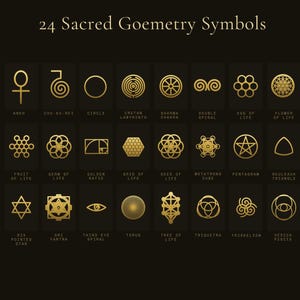 May include: A dark background displays the text 24 Sacred Geometry Symbols above a grid of 24 gold-coloured icons. Each icon is labelled with its name, including Ankh, Flower of Life, Metatron's Cube, Pentagram, Sri Yantra, and Tree of Life.
