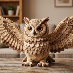 May include: A handcrafted crochet owl figurine featuring intricate tan, beige, and dark brown yarn textures. The owl is depicted with its wings fully spread, showcasing detailed feather patterns, large amber-colored eyes, and a small black beak.