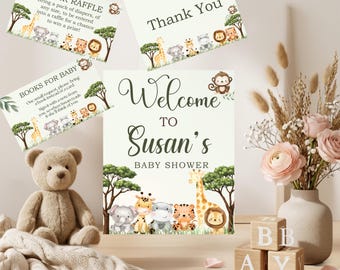 Teddy Bear Safari Baby Shower Bundle Editable Jungle Bear Invite Set Printable Canva Template