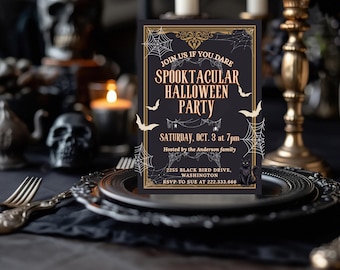 Halloween Invitation, Editable Gothic Halloween Party Invitation Template, Vintage Skull Design (Digital Download)