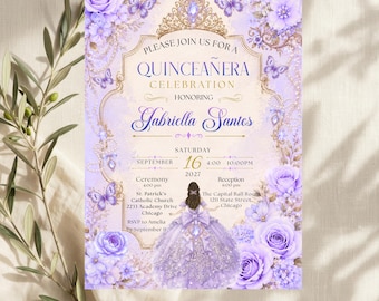 Purple Floral Quinceañera Invitation Template, Lavender Mis Quince Anos Invite (Digital Download)