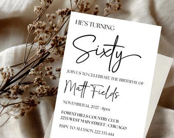 Editable 60th Birthday Invitation Template Adult Minimalist Modern Simple Invite Black and White Party Graphic Printable (Digital Download)