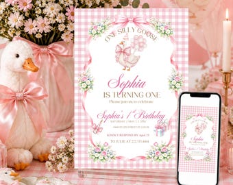 Editable 1st Birthday Invitation Template, Pink Gingham Goose Party (Digital Download)