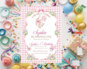 One Silly Goose 1st Birthday Invitation Pink Gingham Template (Digital Download)