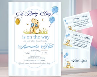 Blue Teddy Bear Baby Shower Invitation Bundle Watercolor Boy Shower Invite (Digital Download)