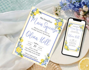 Lemon Bridal Shower Invitation Citrus Floral She Found Her Main Squeeze Invite (Digital Download)