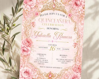 Pink Floral Quinceañera Invitation Template: Gold Elegance Mis Quince Anos (Digital Download)
