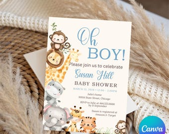 Safari Baby Shower Invitation Jungle Boy Theme Editable Canva Template (Digital Download)