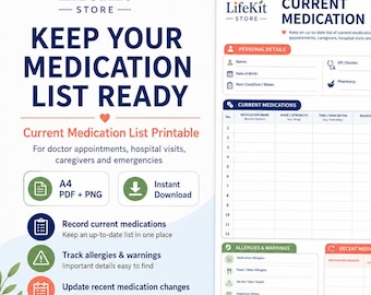 Current Medication List Printable, Caregiver Medical Doctor Hospital Form (A4 PDF)