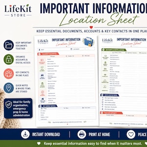 May include: A two-page A4 printable PDF titled Important Information Location Sheet. The document features sections for important documents, key contact details, accounts, digital access, quick location notes, and provider contacts with icons.
