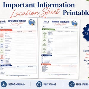 Wichtige Informationen Ort Blatt, Familie Dokumente Organizer, Notfall Ordner Printable, Digital Access Sheet, A4 PDF Download