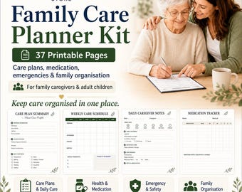 Family Care Planner Kit, Caregiver Binder, Medication Tracker, Elderly Parent Care (A4 PDF Download)