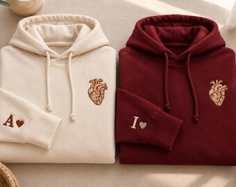 Embroidered Anatomical Heart Hoodie, Custom Initial Sleeve Sweatshirt, Couples Matching Hoodie, Valentine's Day Gift, Nurse Gift