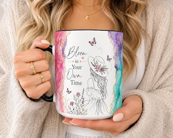 Bloom in Your Own Time Mug, Inspirational Floral Coffee Mug for Women, Motivational Gift, Butterfly Ceramic Cup