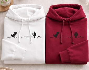 Embroidered Dinosaur Cactus Hoodie, Cute Dino Desert Sweatshirt, Minimalist Embroidery Crewneck, Unisex Cozy Gift for Her or Him