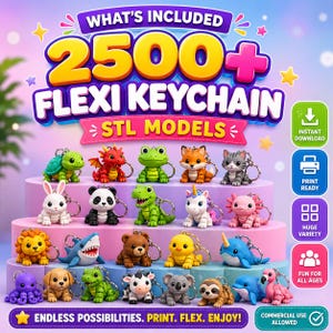 May include: A digital collection of 2500+ flexi keychain STL models featuring various animals including a turtle, dragon, frog, fox, cat, rabbit, panda, dinosaur, unicorn, axolotl, lion, shark, bear, chick, narwhal, octopus, dog, cow, koala, sloth, dolphin, and flamingo.