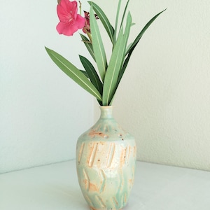 Tall Sage Green Ceramic Vase, Carved Bottle Stoneware Pot, Textured Mint Pottery Vessel, Wabi Sabi Bud Vase, Modern Artisan Home Gift