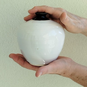 Puede incluir: Un pequeño jarrón de cerámica redondeado con un cuerpo blanco brillante y un cuello y borde de color negro oscuro en contraste. El recipiente presenta una forma lisa y bulbosa que se estrecha hacia la parte superior, con un diseño simple y acabado.