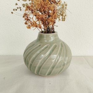 Round Sage Green Ceramic Vase, Ribbed Spiral Stoneware Pot, Low Celadon Decorative Vessel, Wabi Sabi Dried Flower Pot, Artisan Home Gift